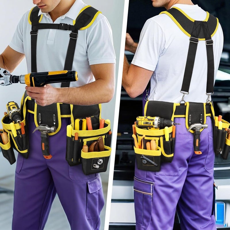 TEKCHIC Tool Belt, Professional Tool Belts for Men, Magnetic Tool Pouch With Suspenders, Heavy Duty Detachable Adjustable Utility Belt Work Bags for Electrician, Carpenter (Black and Yellow, 32''-66'') - Image 2
